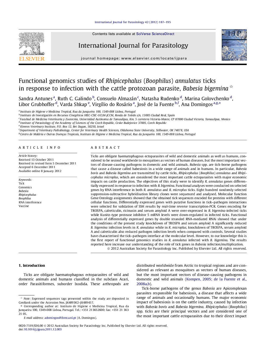 Functional genomics studies of Rhipicephalus (Boophilus) annulatus ticks in response to infection with the cattle protozoan parasite, Babesia bigemina