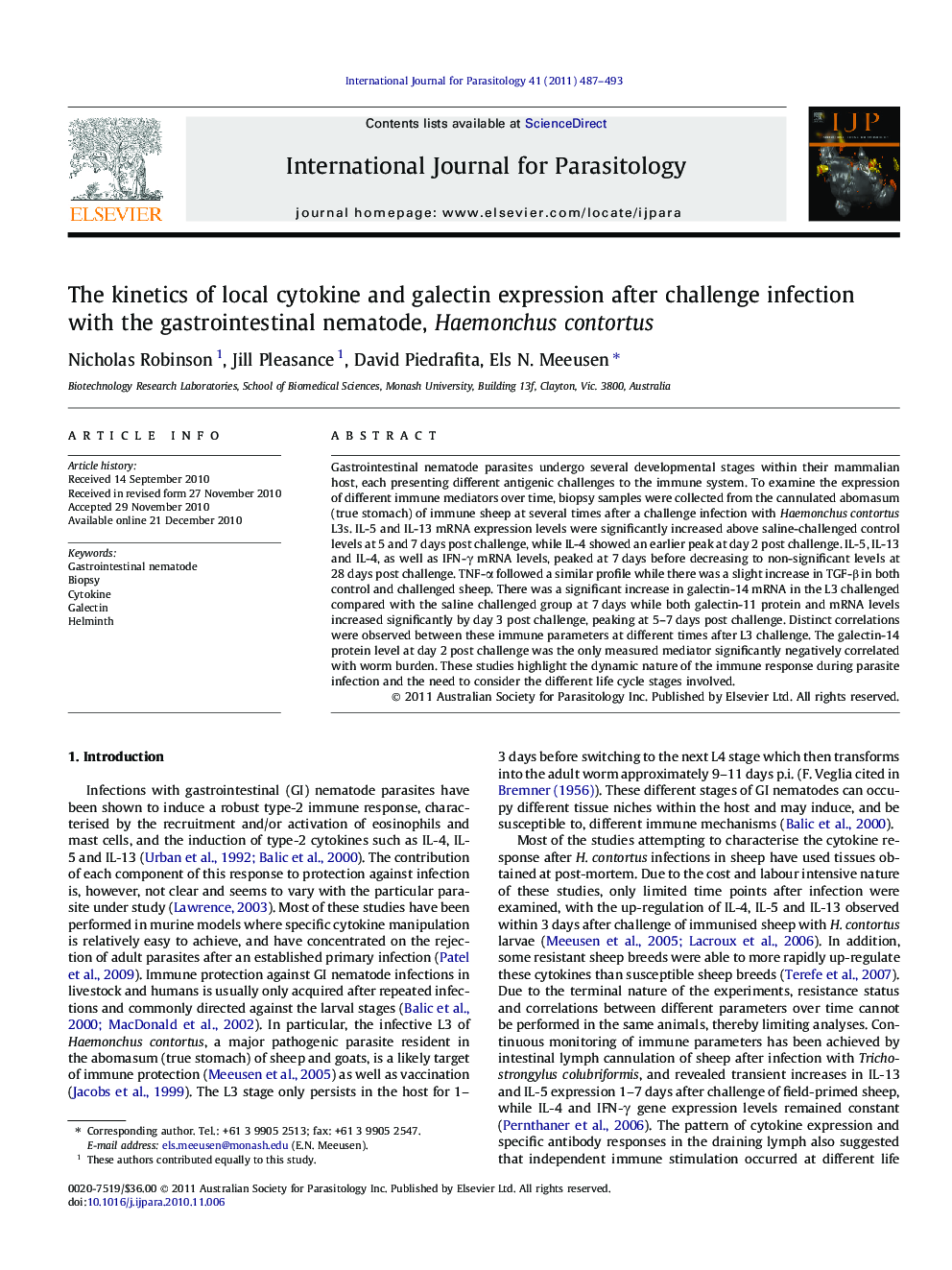 The kinetics of local cytokine and galectin expression after challenge infection with the gastrointestinal nematode, Haemonchus contortus