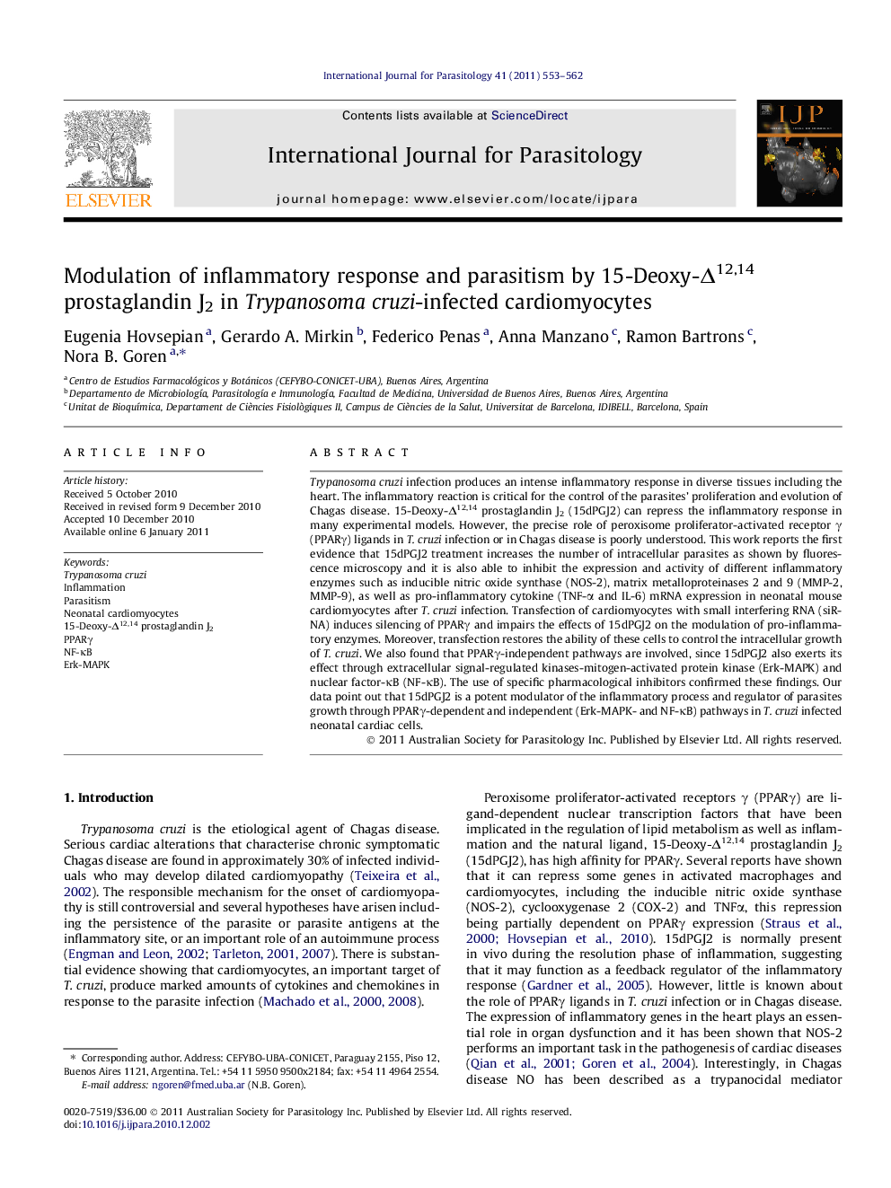 Modulation of inflammatory response and parasitism by 15-Deoxy-Î12,14 prostaglandin J2 in Trypanosoma cruzi-infected cardiomyocytes