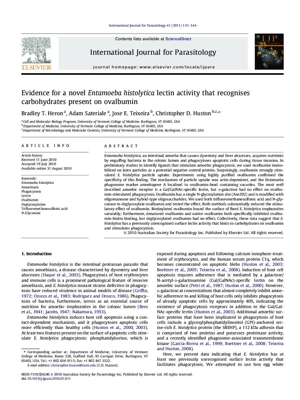 Evidence for a novel Entamoeba histolytica lectin activity that recognises carbohydrates present on ovalbumin