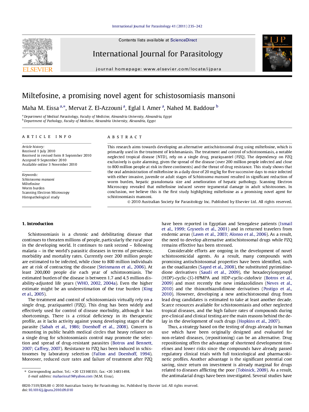 Miltefosine, a promising novel agent for schistosomiasis mansoni