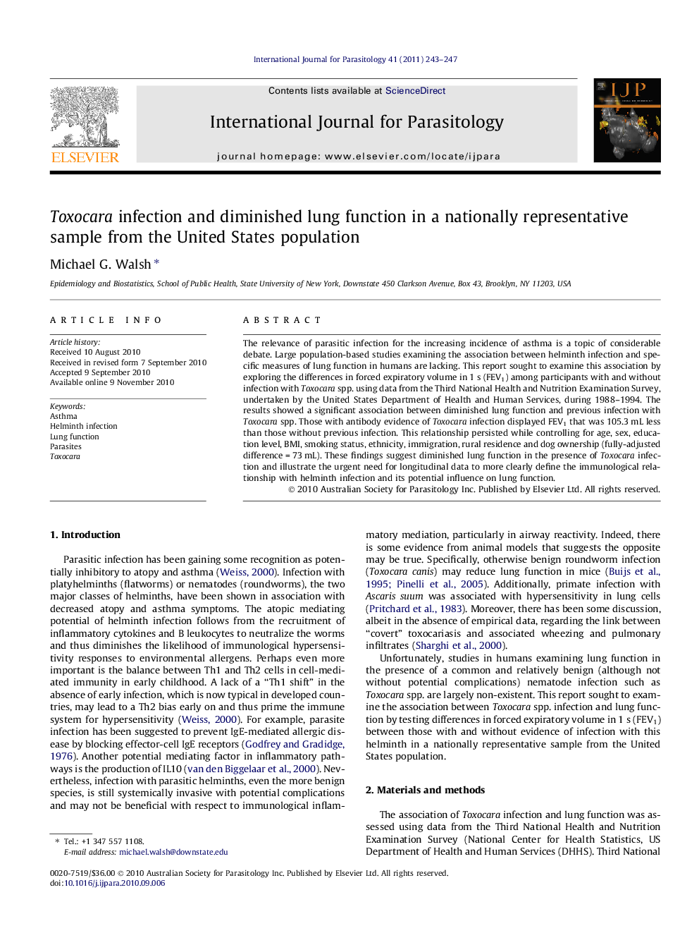 Toxocara infection and diminished lung function in a nationally representative sample from the United States population