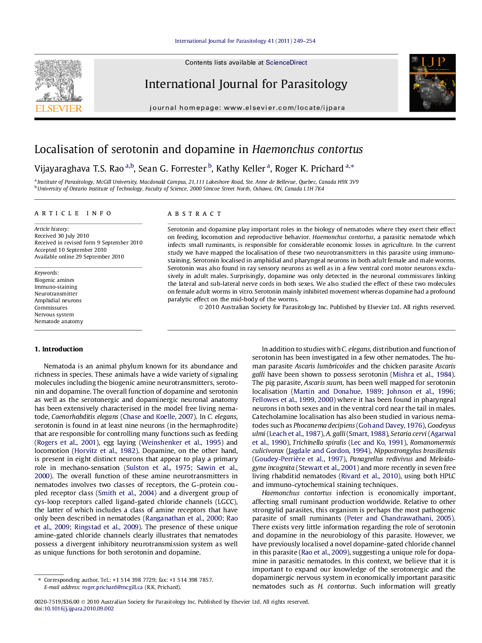 Localisation of serotonin and dopamine in Haemonchus contortus