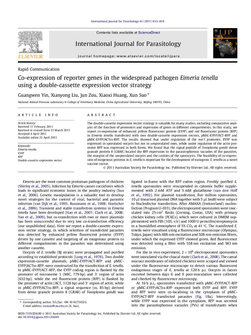 Co-expression of reporter genes in the widespread pathogen Eimeria tenella using a double-cassette expression vector strategy