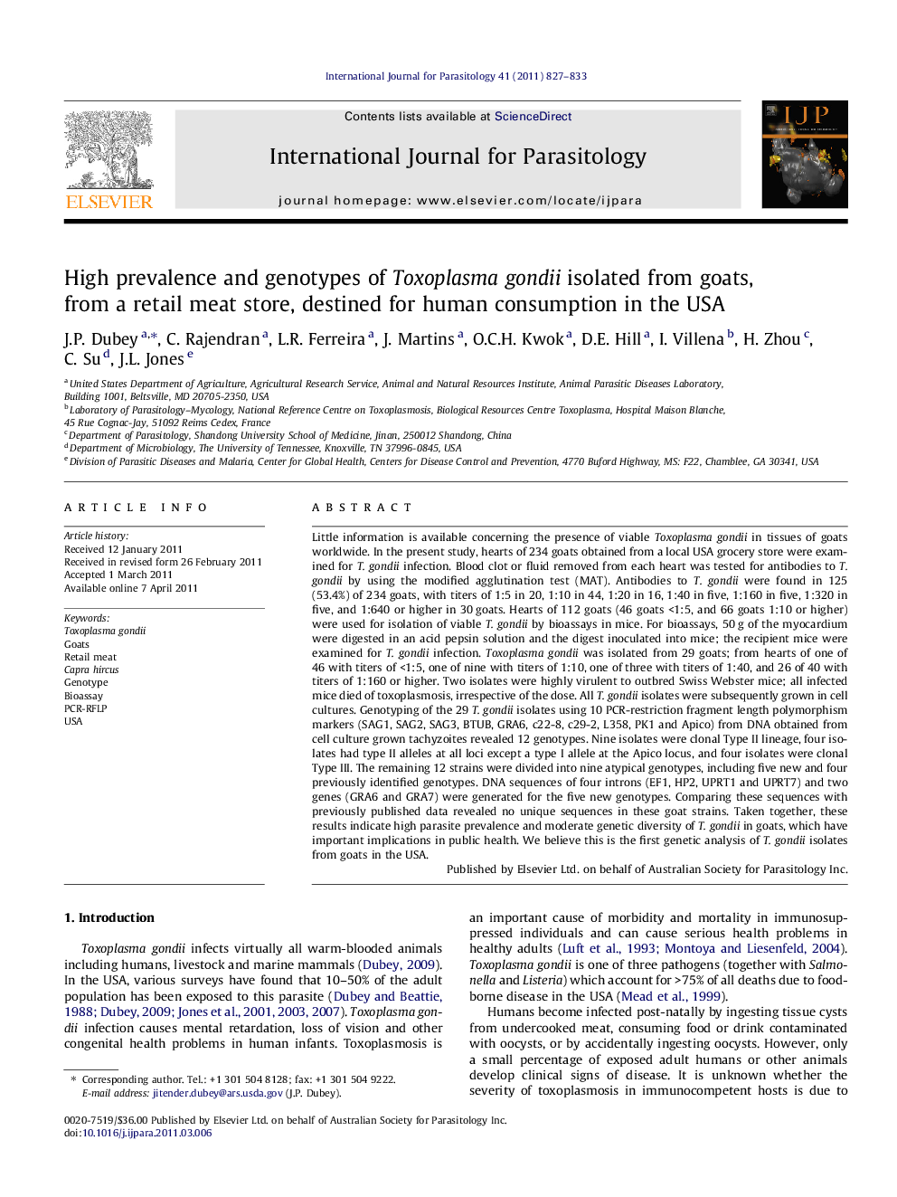 High prevalence and genotypes of Toxoplasma gondii isolated from goats, from a retail meat store, destined for human consumption in the USA