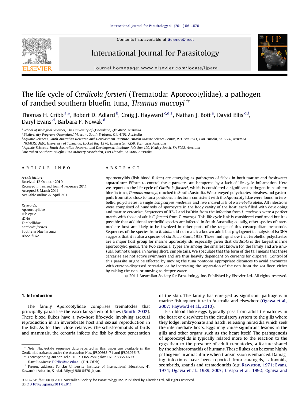 The life cycle of Cardicola forsteri (Trematoda: Aporocotylidae), a pathogen of ranched southern bluefin tuna, Thunnus maccoyi