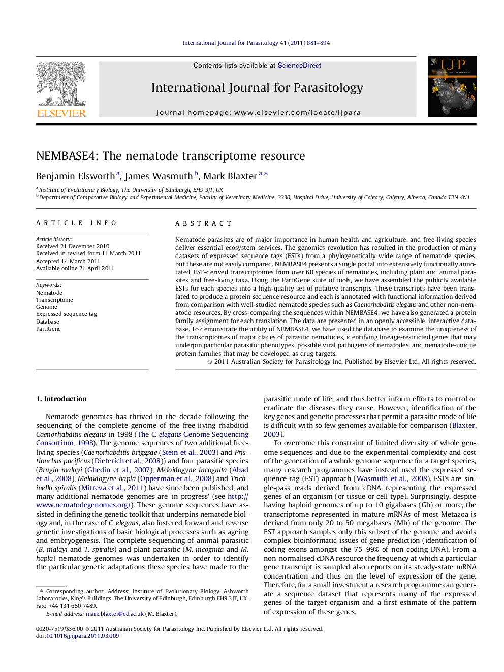 عکس صفحه اول مقاله: NEMBASE4: The nematode transcriptome resource NEMBASE4: The nematode transcriptome resource