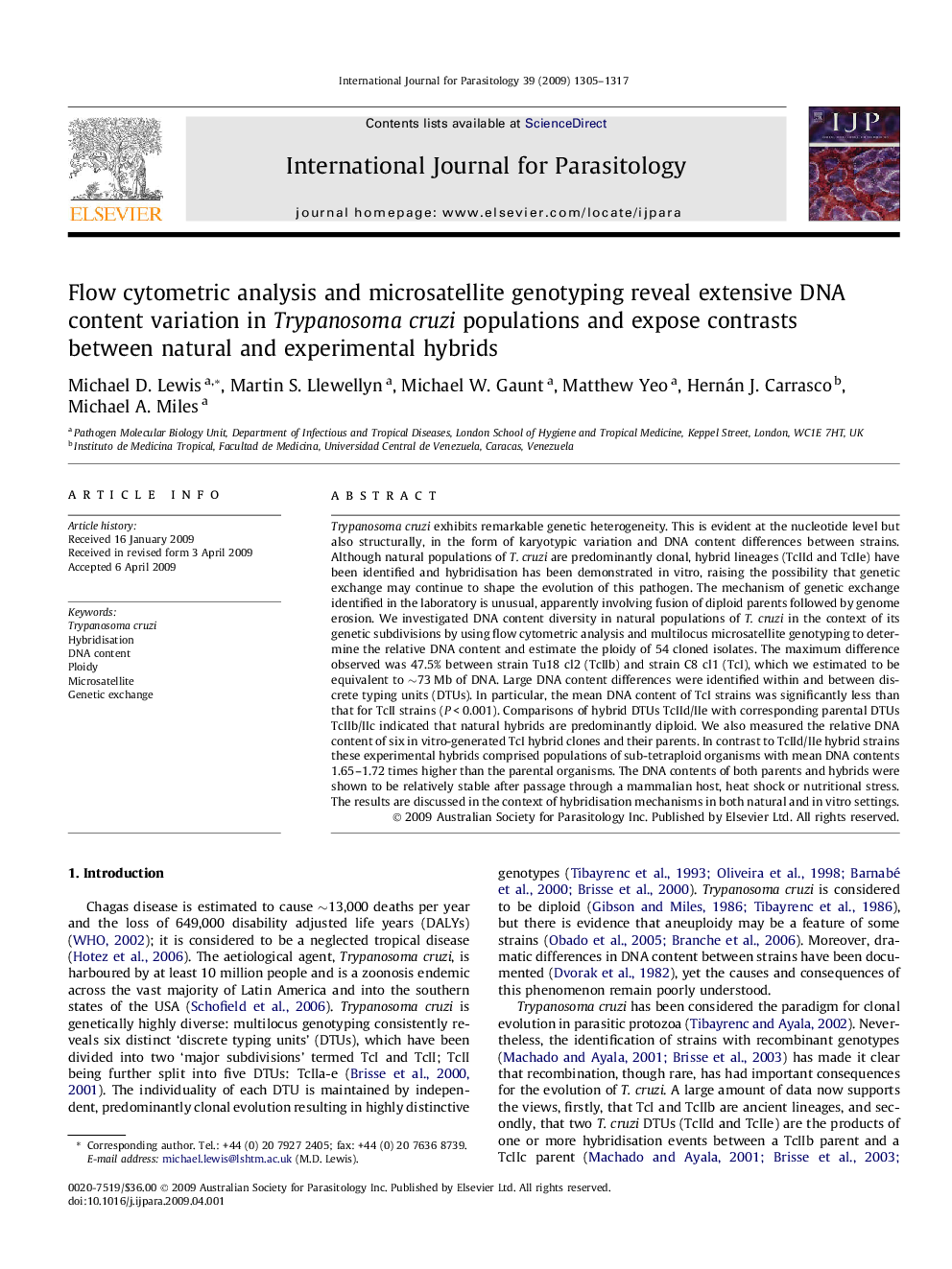 Flow cytometric analysis and microsatellite genotyping reveal extensive DNA content variation in Trypanosoma cruzi populations and expose contrasts between natural and experimental hybrids