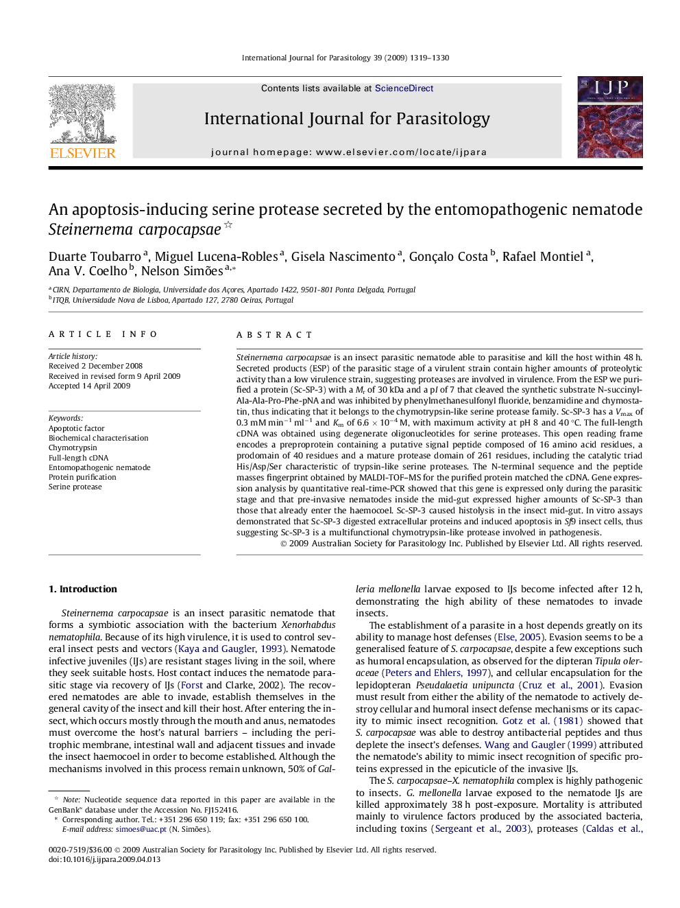 An apoptosis-inducing serine protease secreted by the entomopathogenic nematode Steinernema carpocapsae