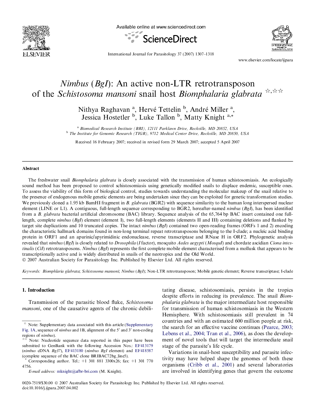 Nimbus (BgI): An active non-LTR retrotransposon of the Schistosoma mansoni snail host Biomphalaria glabrata