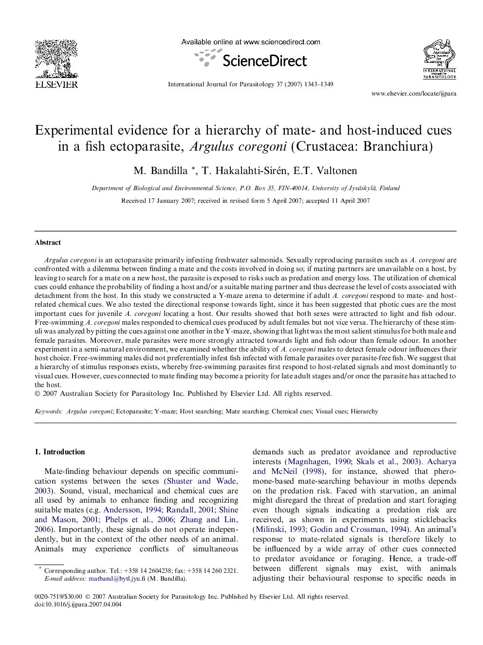 Experimental evidence for a hierarchy of mate- and host-induced cues in a fish ectoparasite, Argulus coregoni (Crustacea: Branchiura)