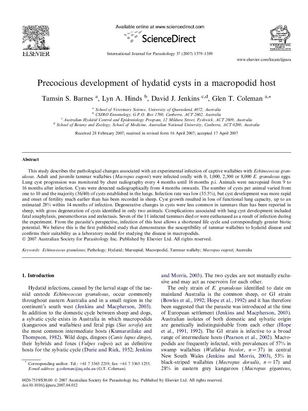 Precocious development of hydatid cysts in a macropodid host