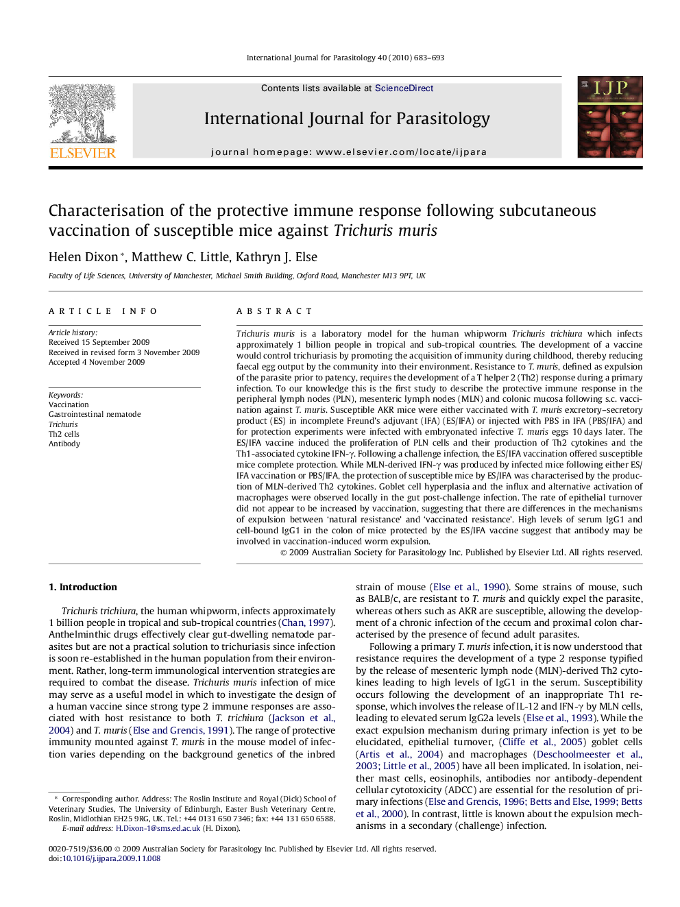 Characterisation of the protective immune response following subcutaneous vaccination of susceptible mice against Trichuris muris