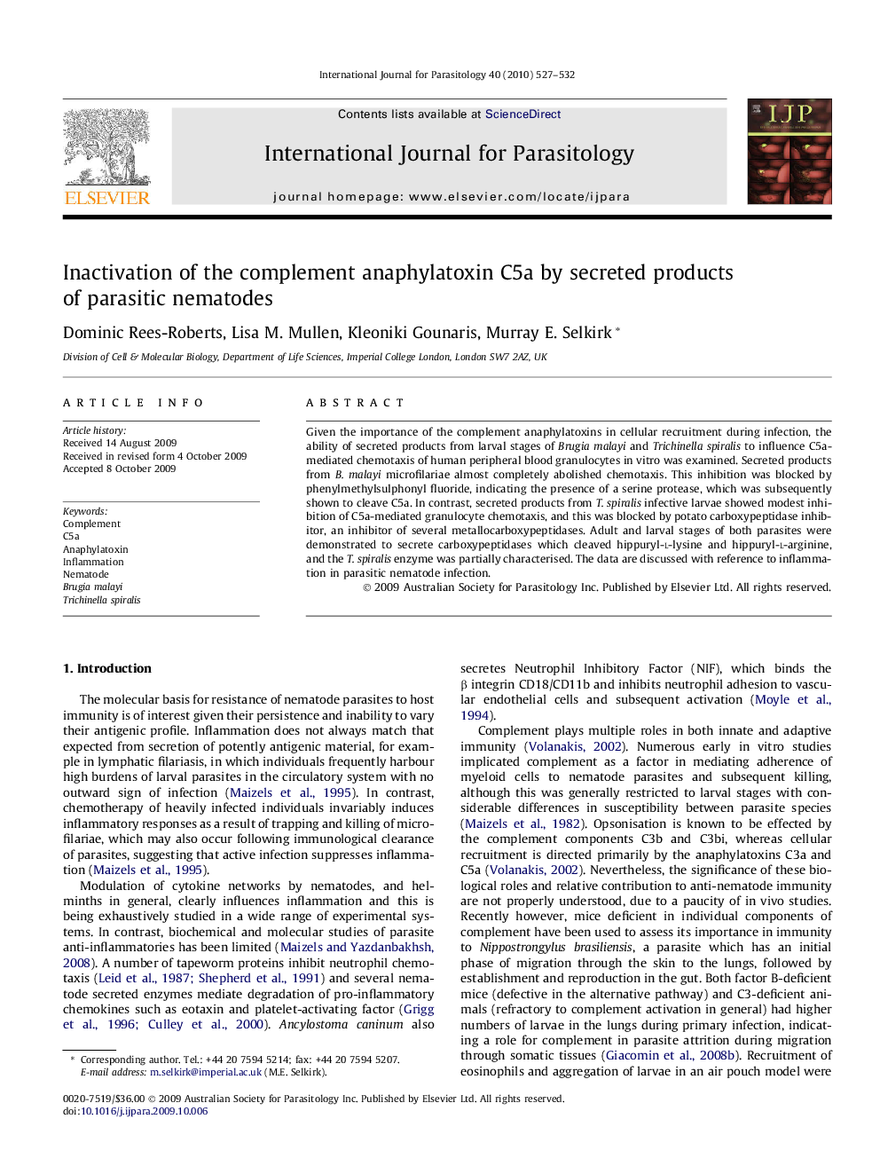 Inactivation of the complement anaphylatoxin C5a by secreted products of parasitic nematodes