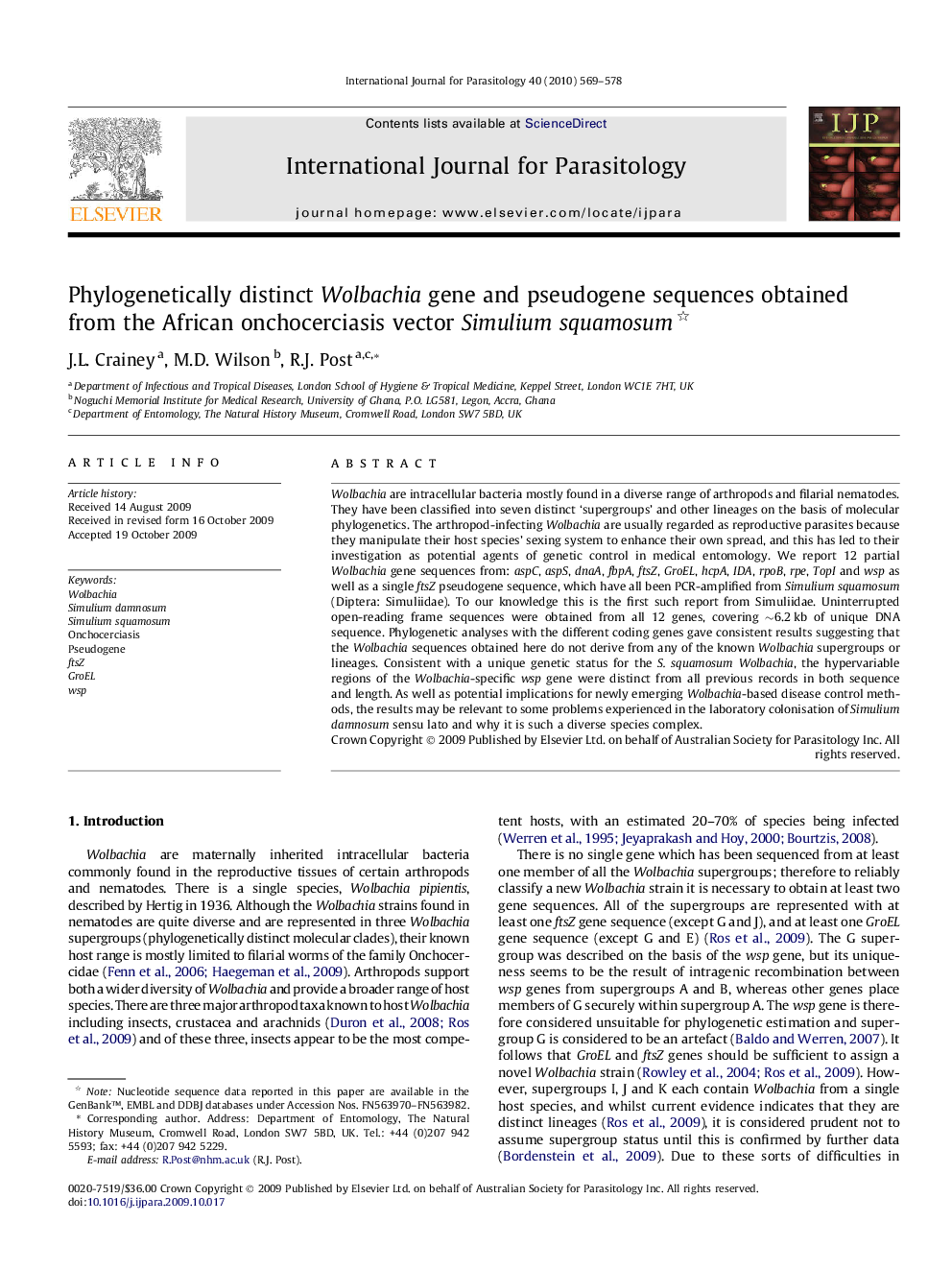 Phylogenetically distinct Wolbachia gene and pseudogene sequences obtained from the African onchocerciasis vector Simulium squamosum