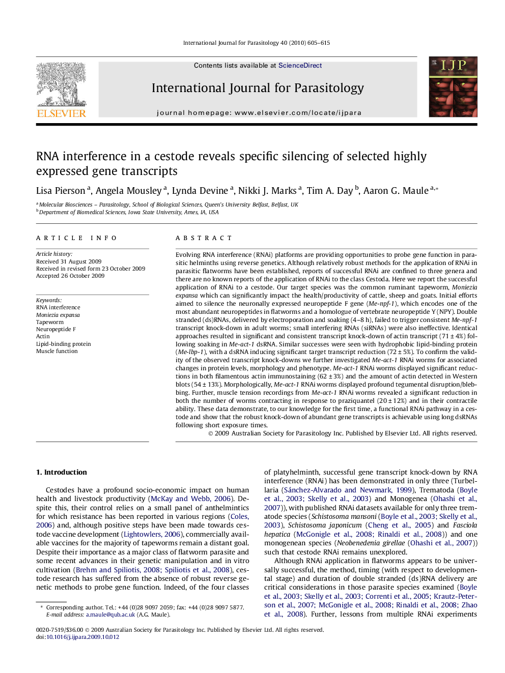 RNA interference in a cestode reveals specific silencing of selected highly expressed gene transcripts