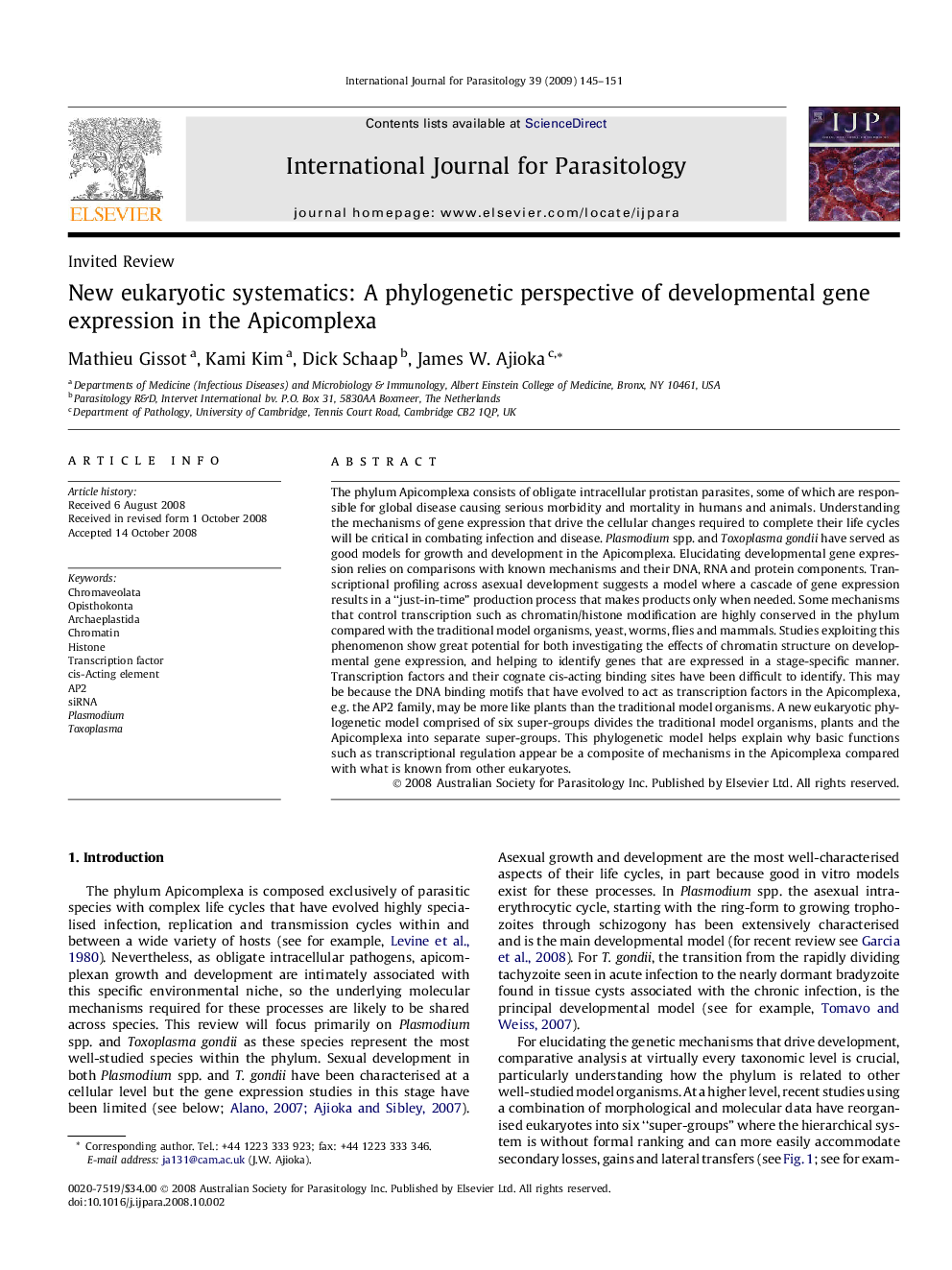 New eukaryotic systematics: A phylogenetic perspective of developmental gene expression in the Apicomplexa