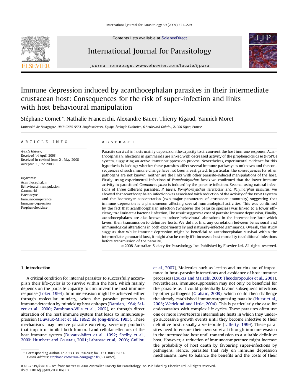 Immune depression induced by acanthocephalan parasites in their intermediate crustacean host: Consequences for the risk of super-infection and links with host behavioural manipulation