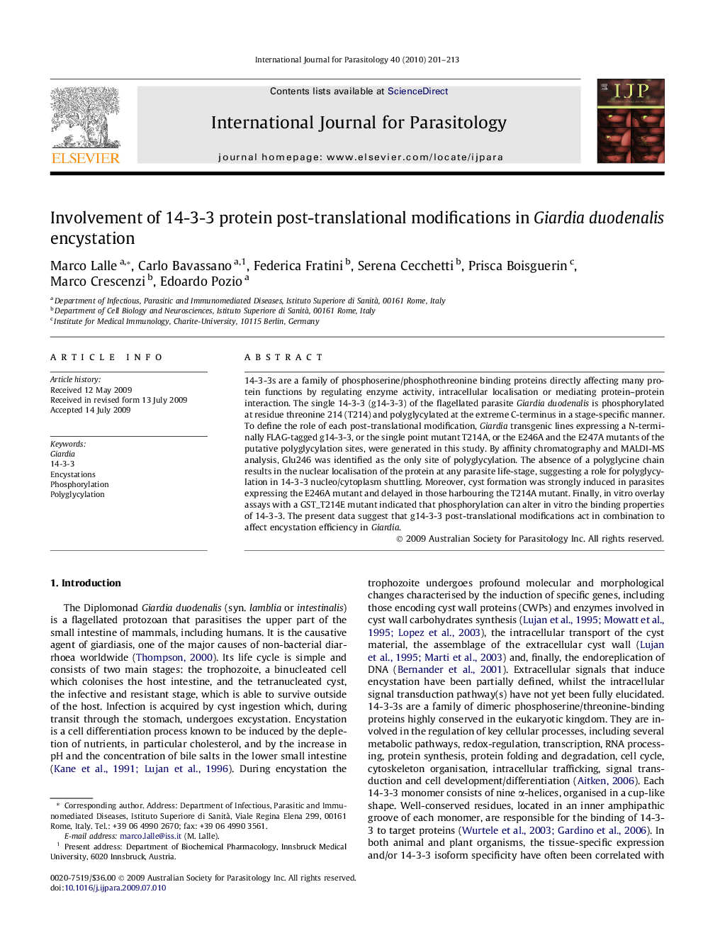 Involvement of 14-3-3 protein post-translational modifications in Giardiaduodenalis encystation