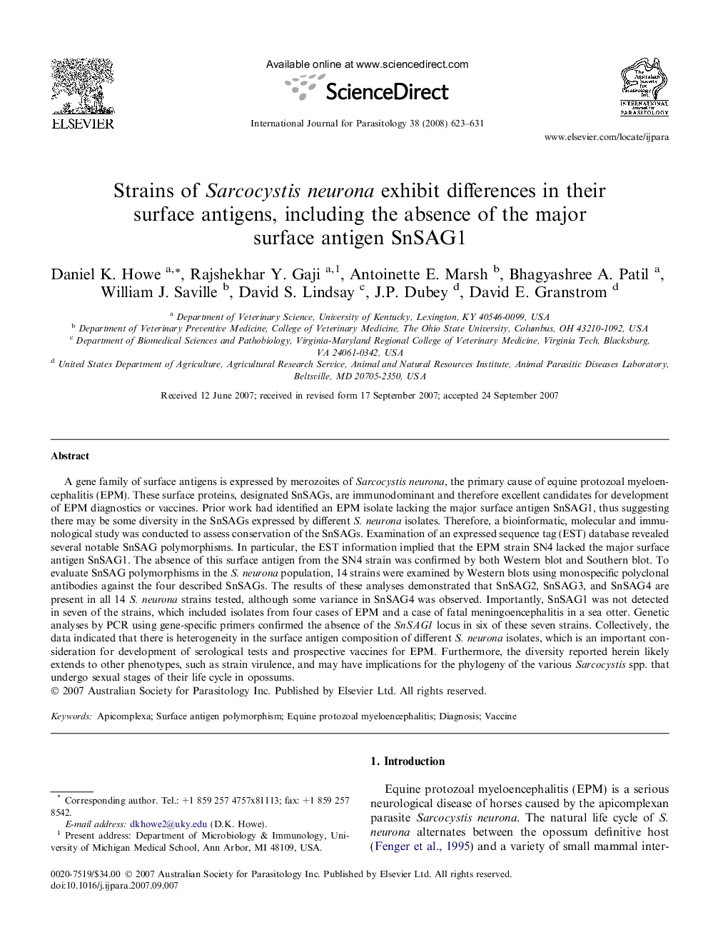 عکس صفحه اول مقاله: Strains of Sarcocystis neurona exhibit differences in their surface antigens, including the absence of the major surface antigen SnSAG1 Strains of Sarcocystis neurona exhibit differences in their surface antigens, including the absence of the major surface antigen SnSAG1