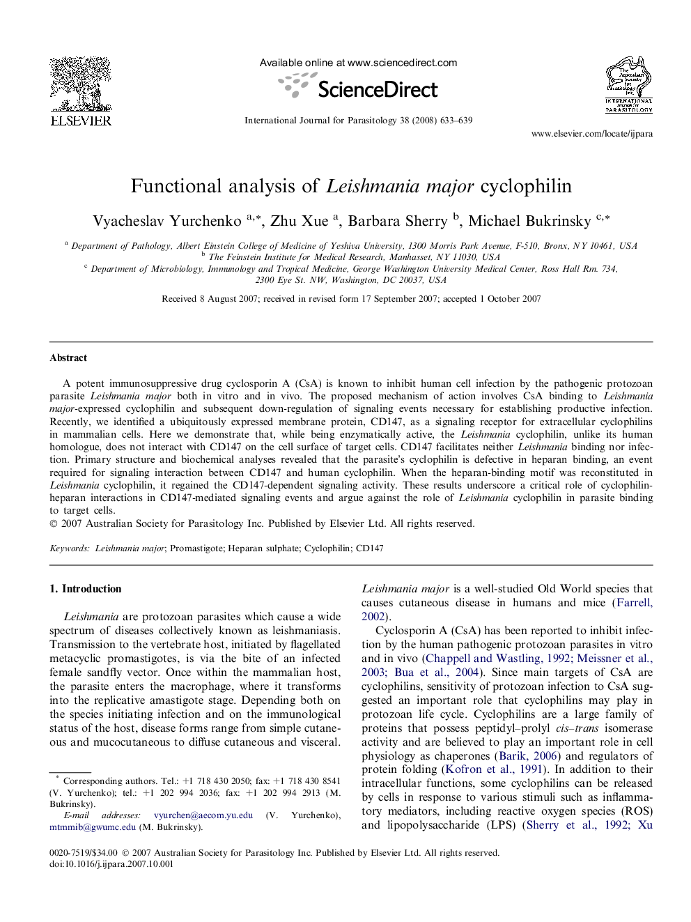 Functional analysis of Leishmania major cyclophilin