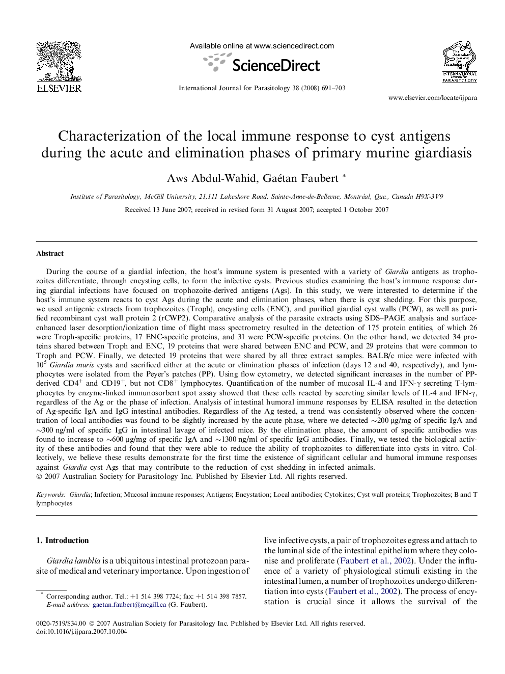 Characterization of the local immune response to cyst antigens during the acute and elimination phases of primary murine giardiasis