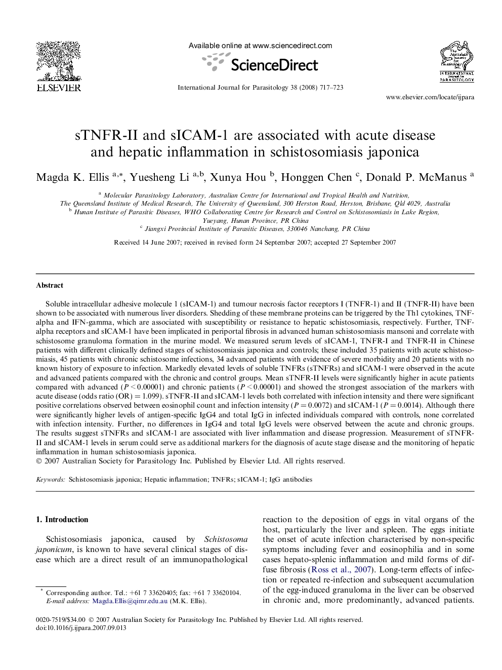 sTNFR-II and sICAM-1 are associated with acute disease and hepatic inflammation in schistosomiasis japonica