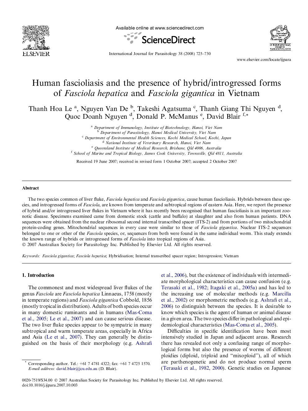 Human fascioliasis and the presence of hybrid/introgressed forms of Fasciola hepatica and Fasciola gigantica in Vietnam