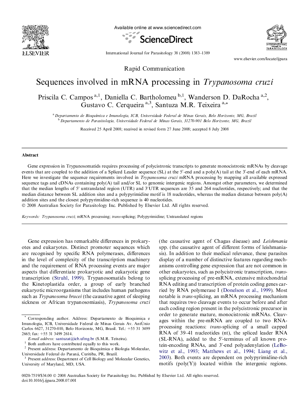 Sequences involved in mRNA processing in Trypanosoma cruzi