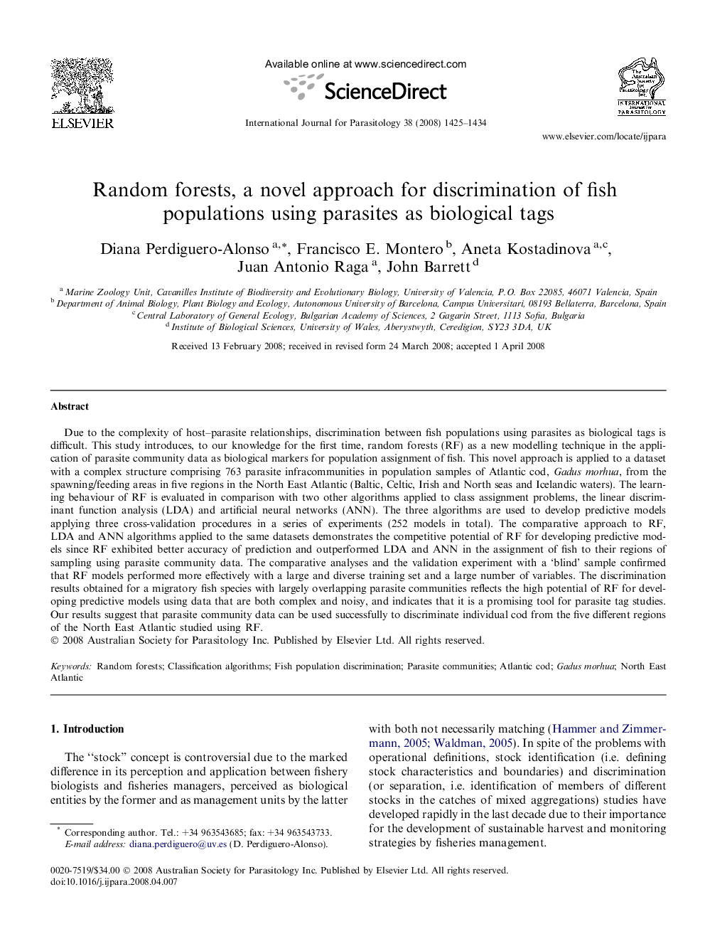 Random forests, a novel approach for discrimination of fish populations using parasites as biological tags