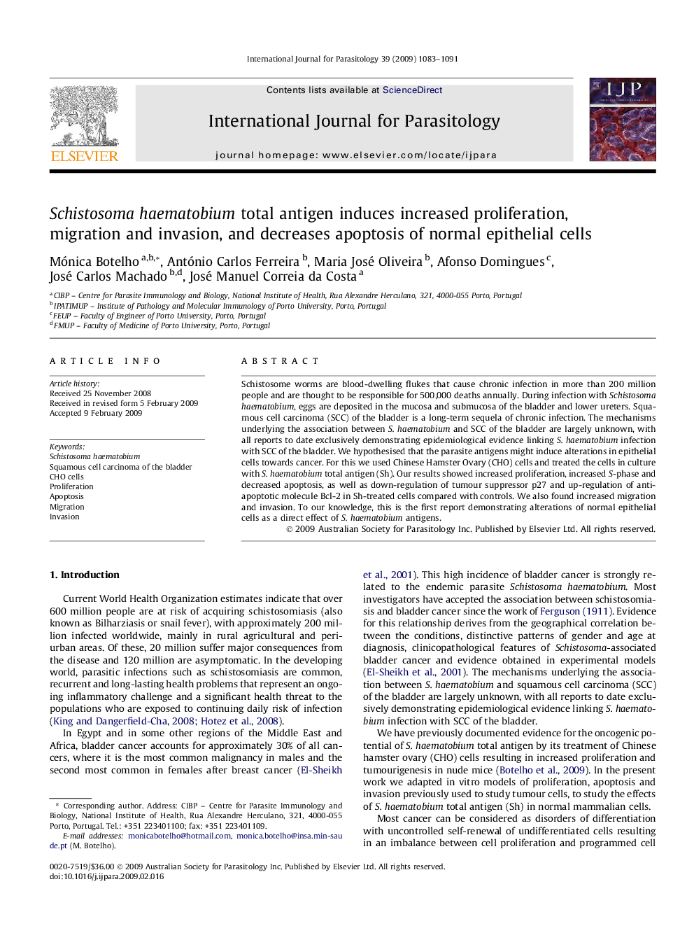 Schistosoma haematobium total antigen induces increased proliferation, migration and invasion, and decreases apoptosis of normal epithelial cells