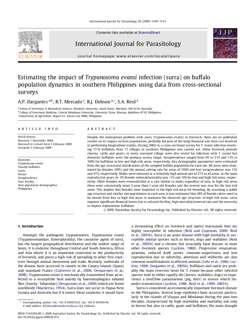 Estimating the impact of Trypanosoma evansi infection (surra) on buffalo population dynamics in southern Philippines using data from cross-sectional surveys