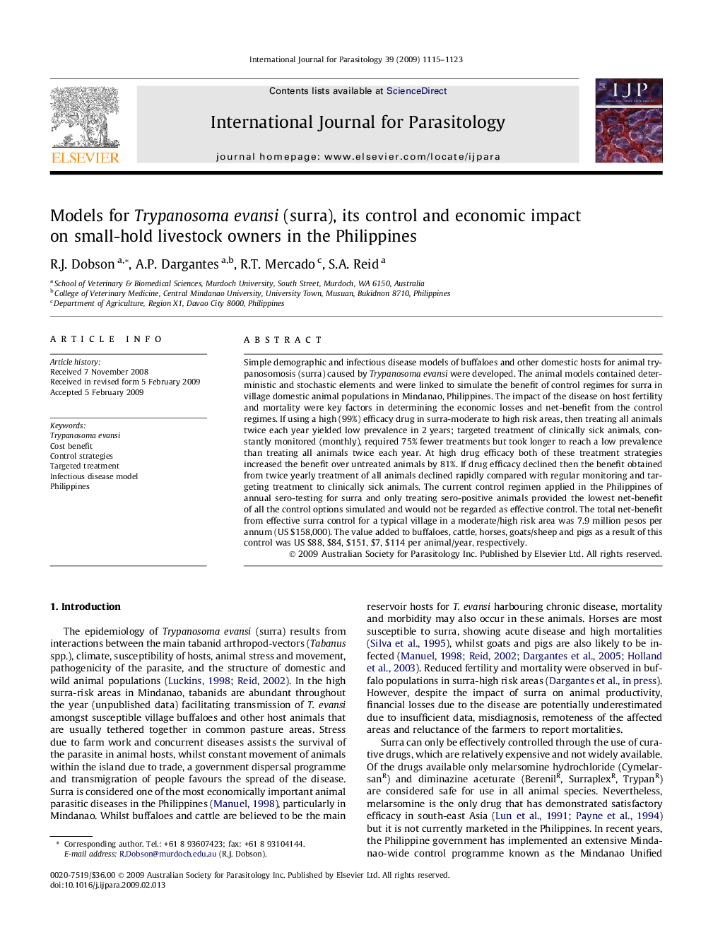 Models for Trypanosoma evansi (surra), its control and economic impact on small-hold livestock owners in the Philippines