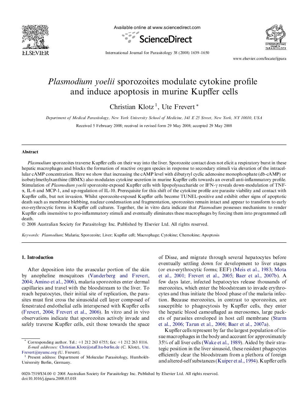 Plasmodium yoelii sporozoites modulate cytokine profile and induce apoptosis in murine Kupffer cells