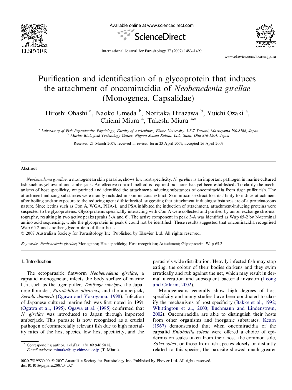 Purification and identification of a glycoprotein that induces the attachment of oncomiracidia of Neobenedenia girellae (Monogenea, Capsalidae)