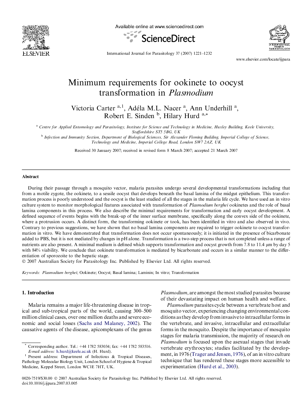 Minimum requirements for ookinete to oocyst transformation in Plasmodium