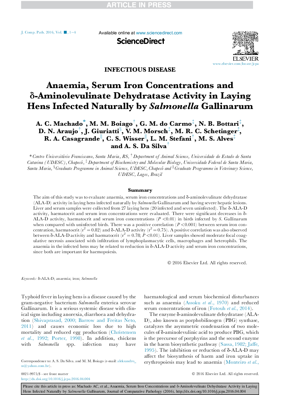 Anaemia, Serum Iron Concentrations and Î´-Aminolevulinate Dehydratase Activity in Laying Hens Infected Naturally by Salmonella Gallinarum