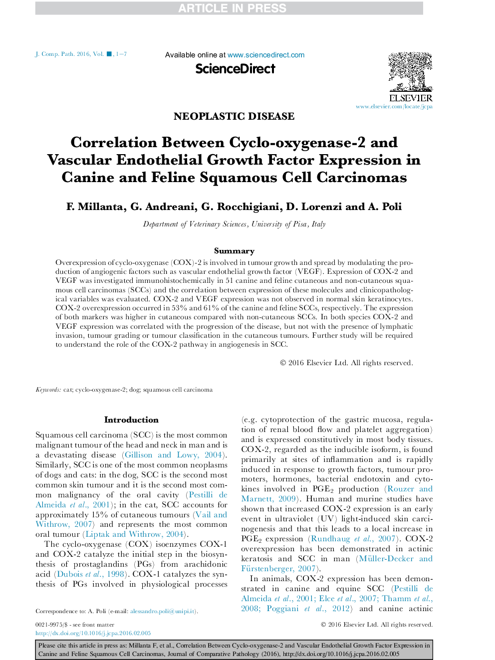 Correlation Between Cyclo-oxygenase-2 and Vascular Endothelial Growth Factor Expression in Canine and Feline Squamous Cell Carcinomas