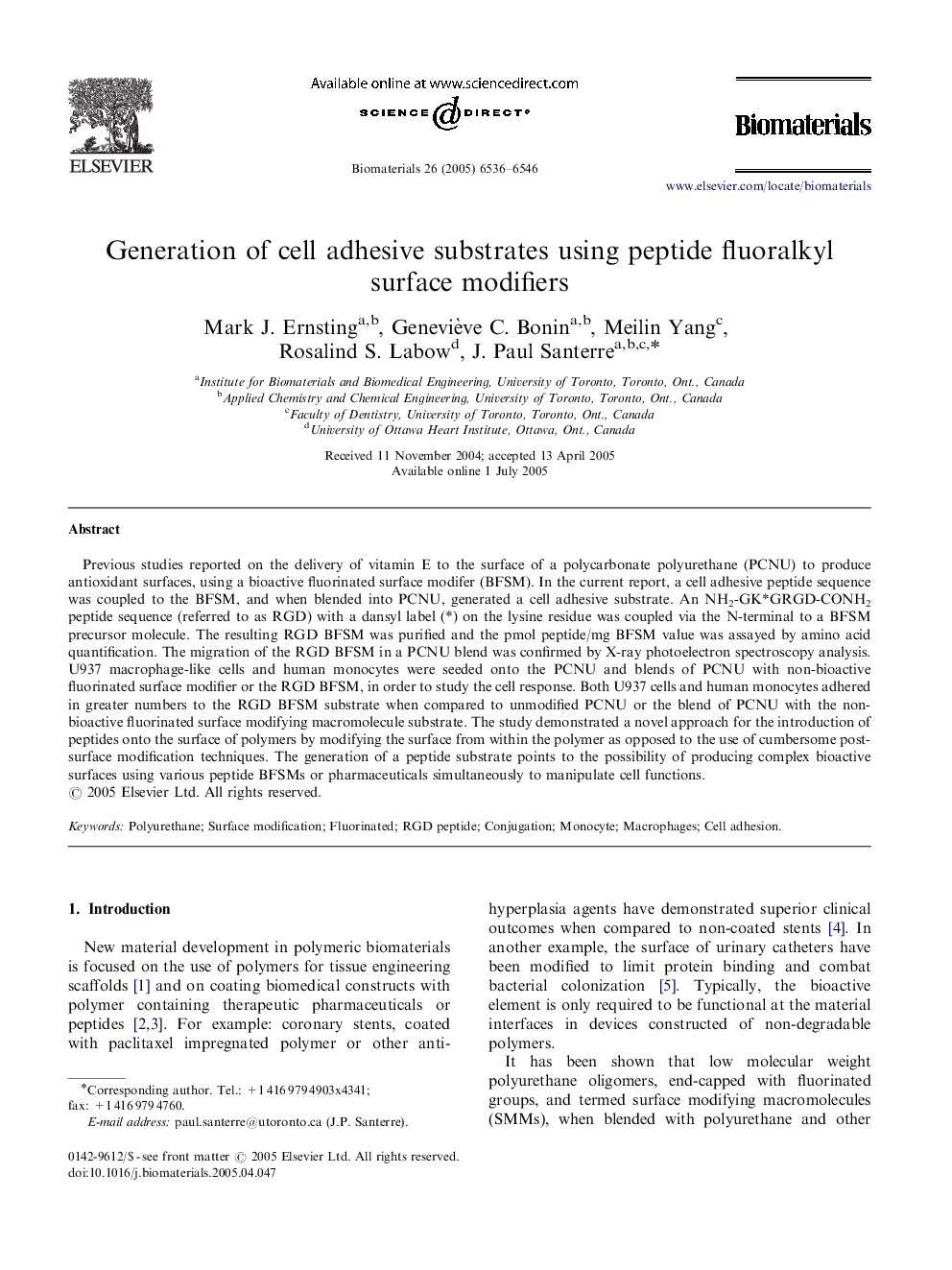 Generation of cell adhesive substrates using peptide fluoralkyl surface modifiers