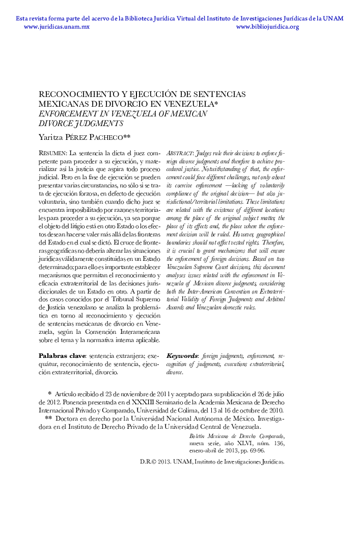 Reconocimiento y ejecución de sentencias mexicanas de divorcio en venezuela*