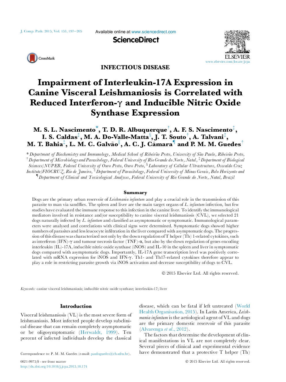 Impairment of Interleukin-17A Expression in Canine Visceral Leishmaniosis is Correlated with Reduced Interferon-Î³ and Inducible Nitric Oxide Synthase Expression