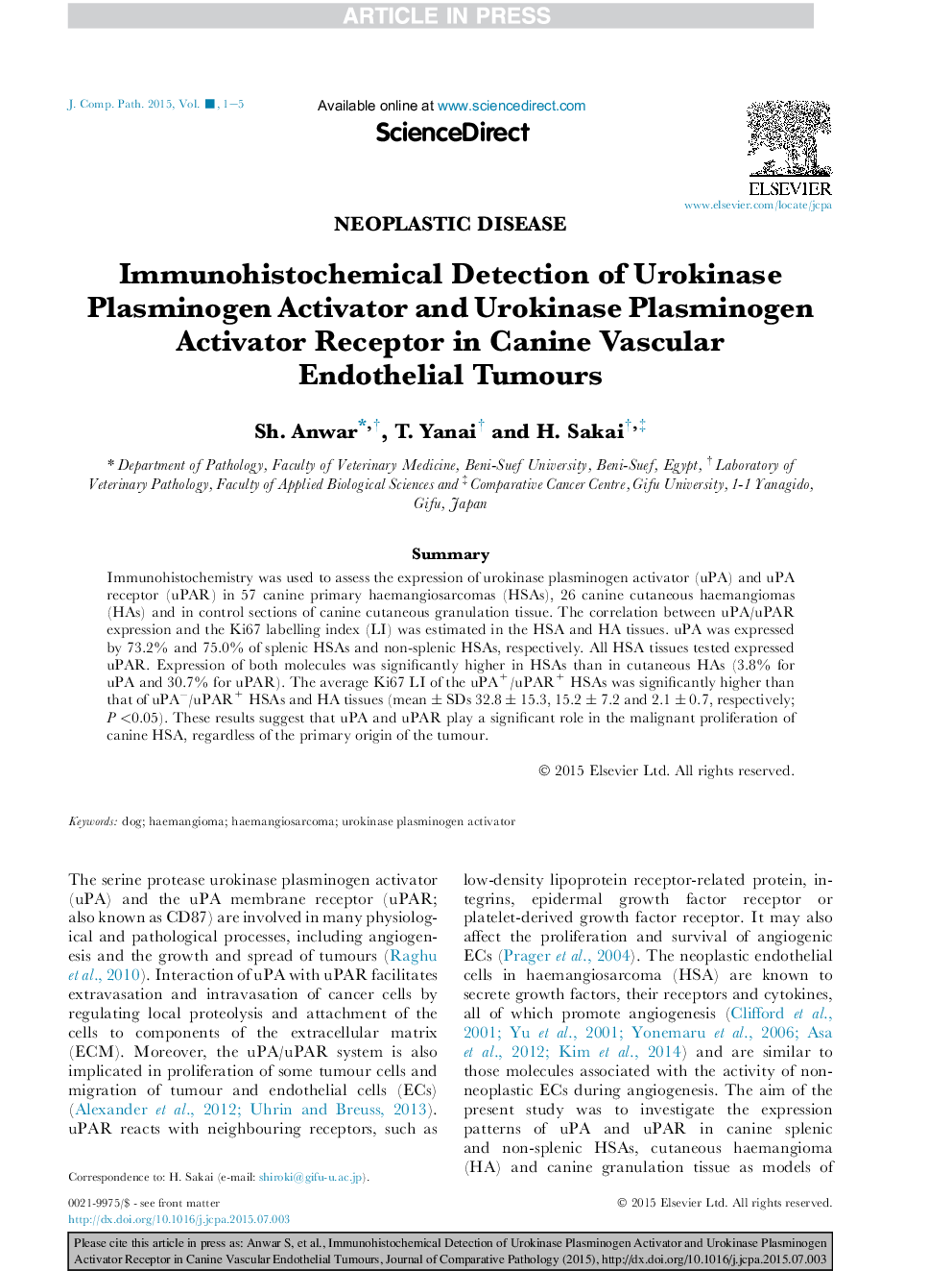 Immunohistochemical Detection of Urokinase Plasminogen Activator and Urokinase Plasminogen Activator Receptor in Canine Vascular Endothelial Tumours