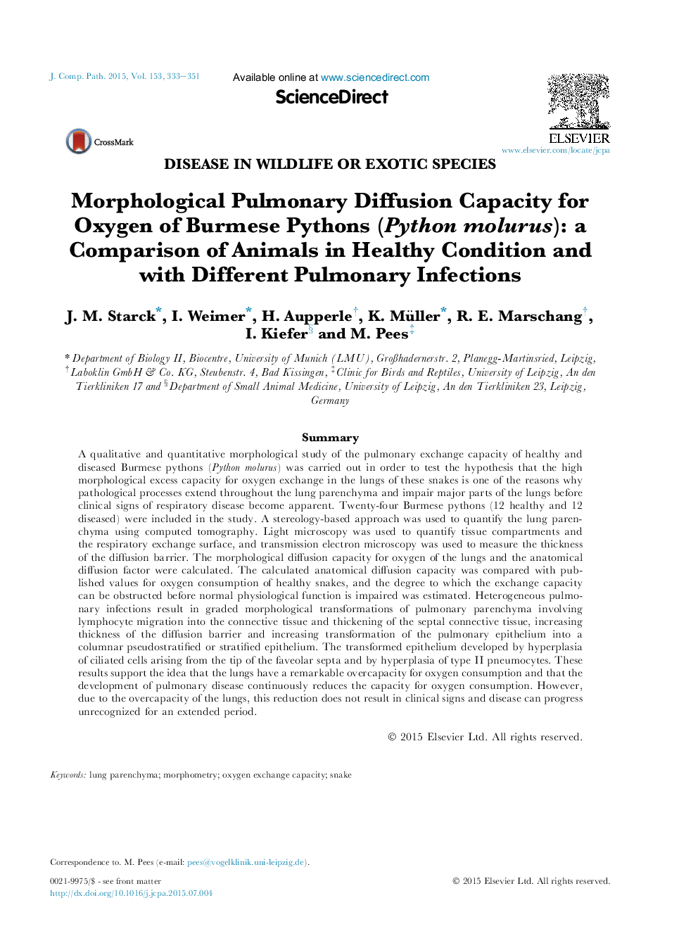 Morphological Pulmonary Diffusion Capacity for Oxygen of Burmese Pythons (Python molurus): a Comparison of Animals in Healthy Condition and with Different Pulmonary Infections