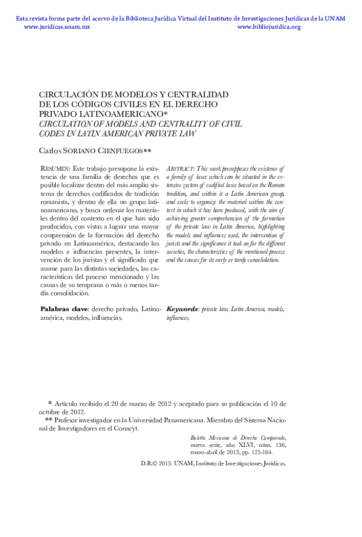 Circulación de modelos y centralidad de los códigos civiles en el derecho privado latinoamericano*