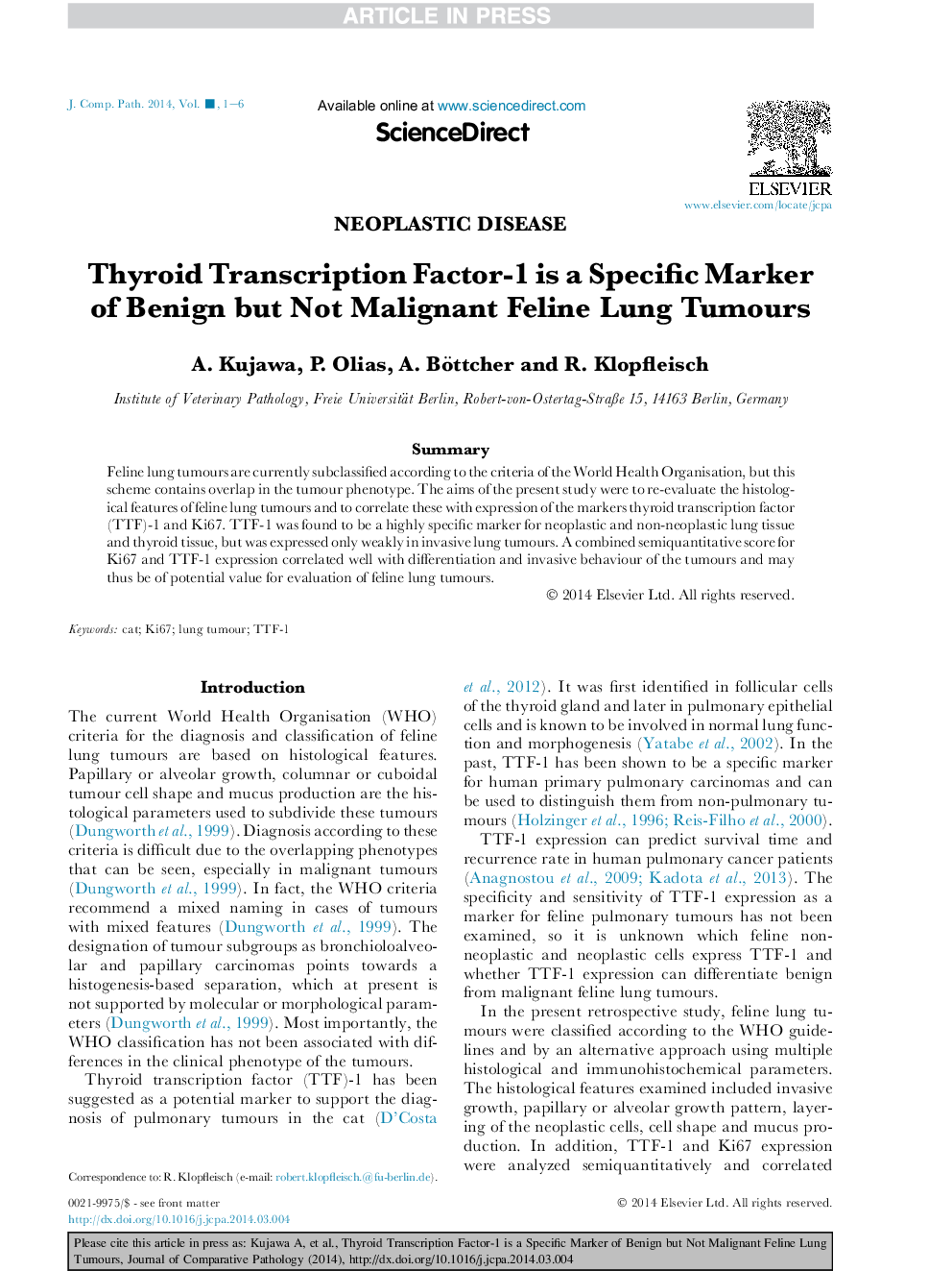 Thyroid Transcription Factor-1 is a Specific Marker of Benign but Not Malignant Feline Lung Tumours