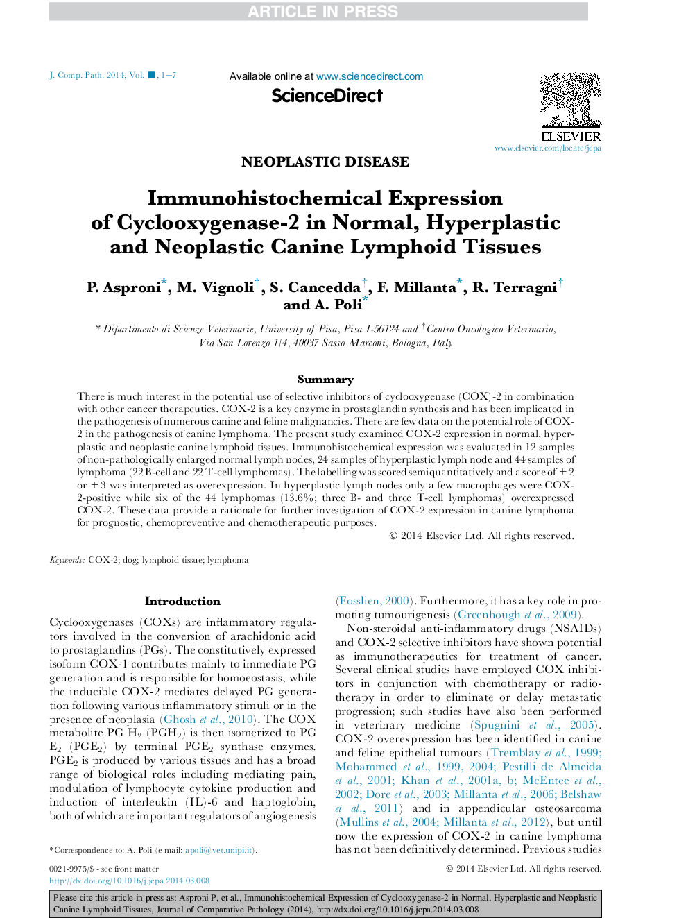 Immunohistochemical Expression of Cyclooxygenase-2 in Normal, Hyperplastic and Neoplastic Canine Lymphoid Tissues