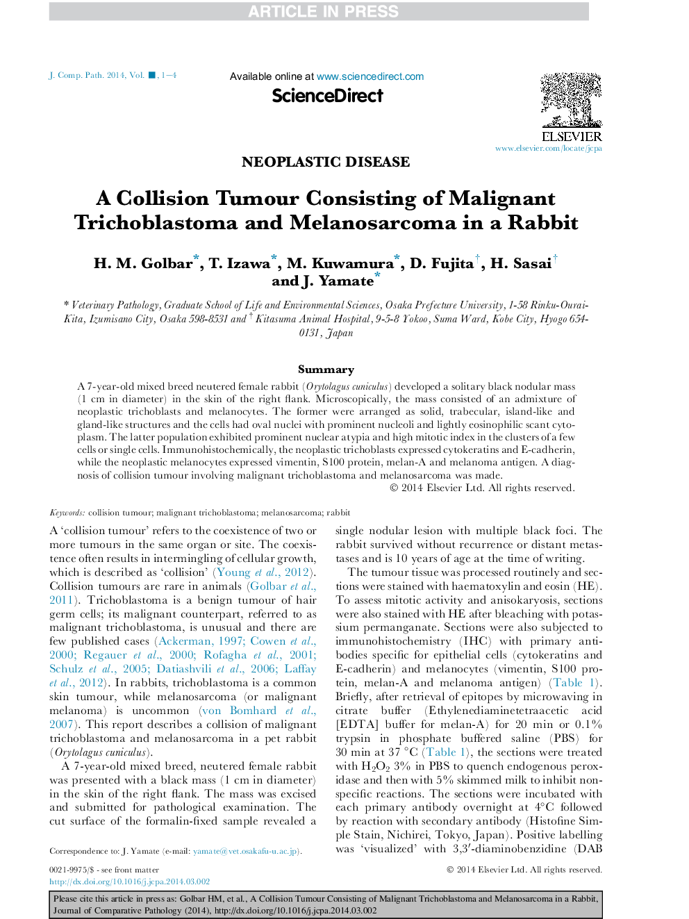 A Collision Tumour Consisting of Malignant Trichoblastoma and Melanosarcoma in a Rabbit