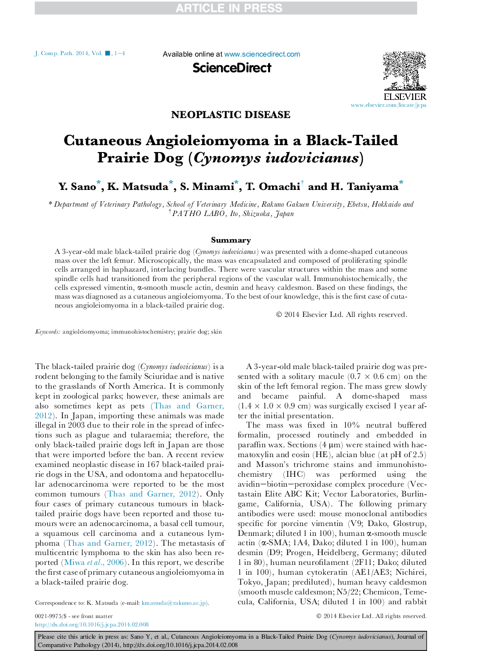 Cutaneous Angioleiomyoma in a Black-Tailed Prairie Dog (Cynomys iudovicianus)