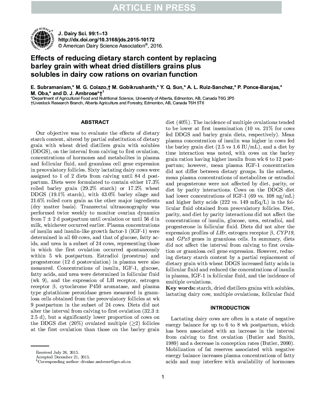 Effects of reducing dietary starch content by replacing barley grain with wheat dried distillers grains plus solubles in dairy cow rations on ovarian function