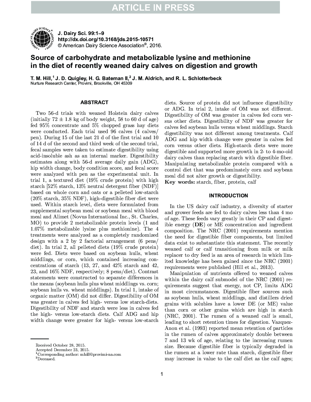 Source of carbohydrate and metabolizable lysine and methionine in the diet of recently weaned dairy calves on digestion and growth